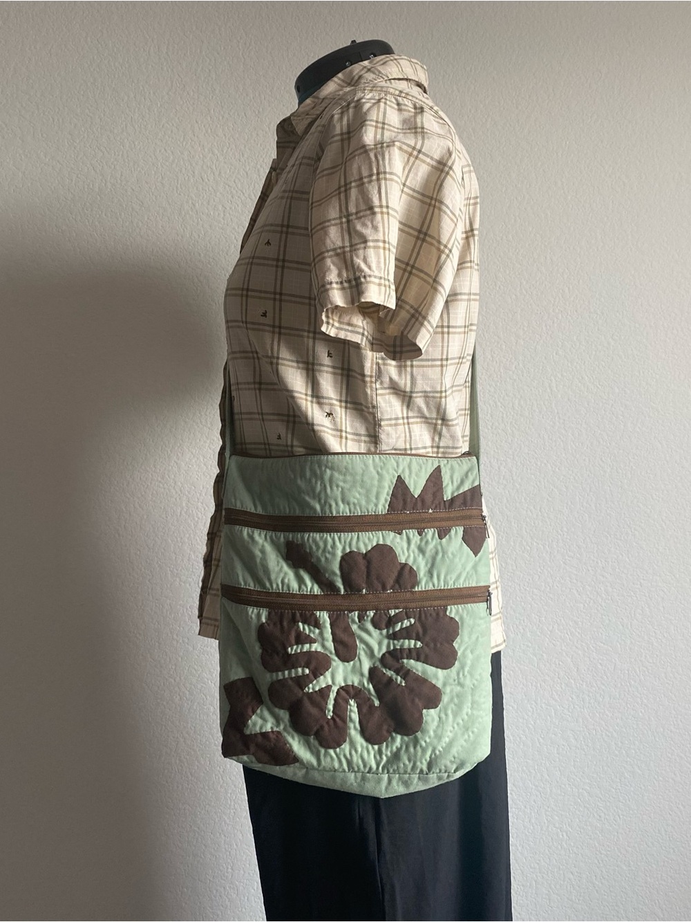 Quilted Crossbody Quilted Bag in Mint Green and Brown
